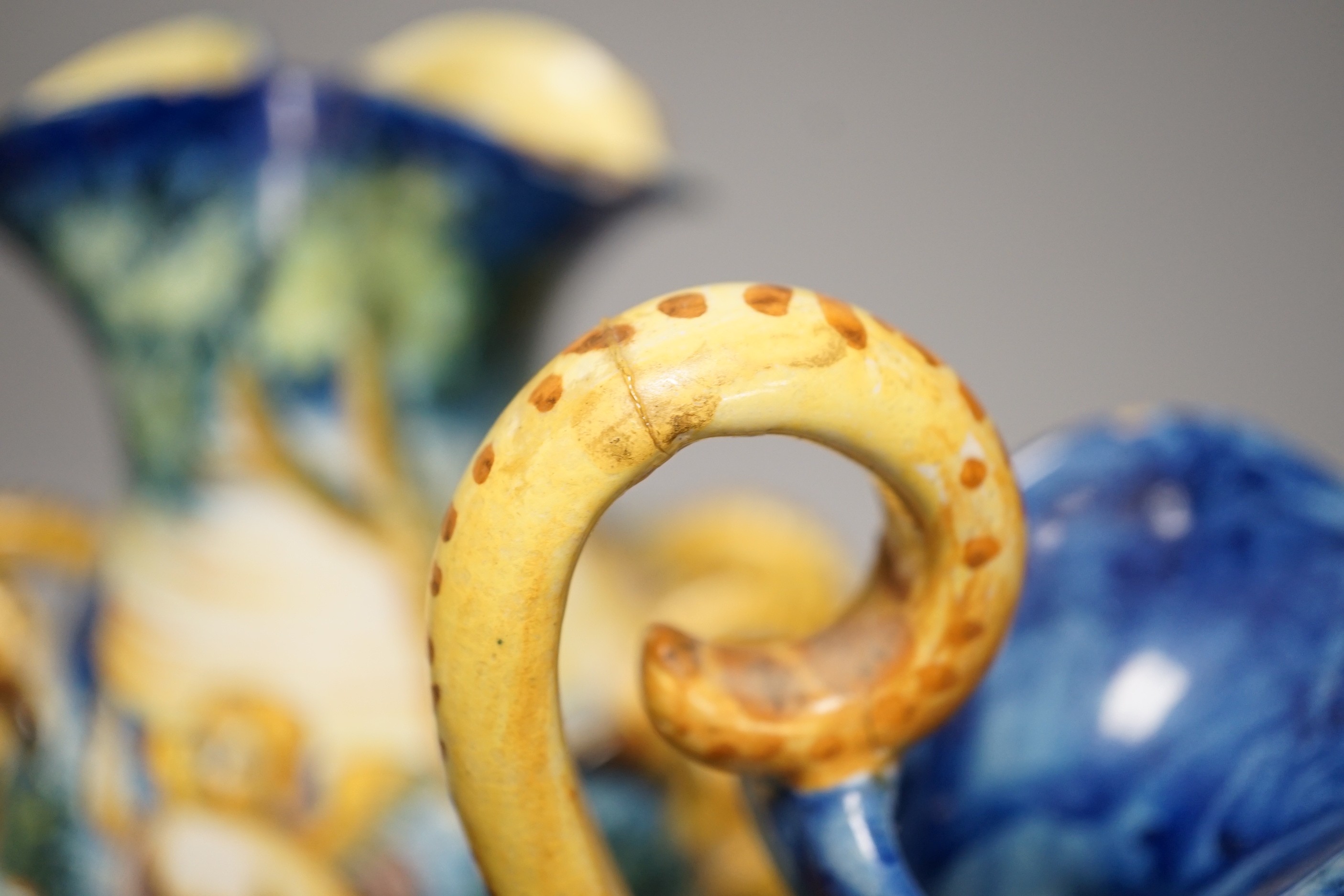 A pair of Cantagalli maiolica vases, a Cantagalli maiolica ewer and a similar potpourri. Tallest 21cm